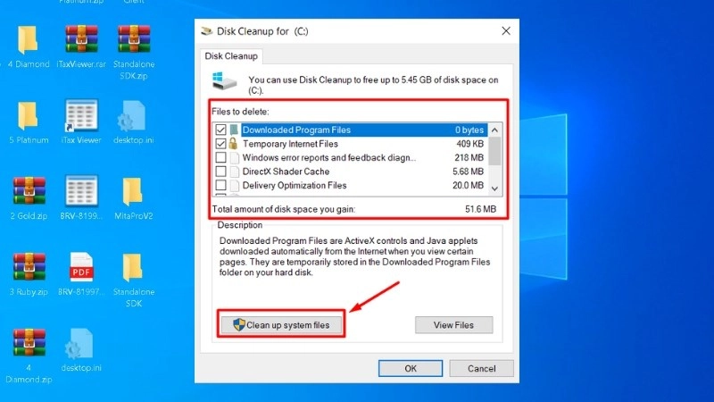 Chọn các mục như Temporary Files để xóa file rác máy tính dễ dàng